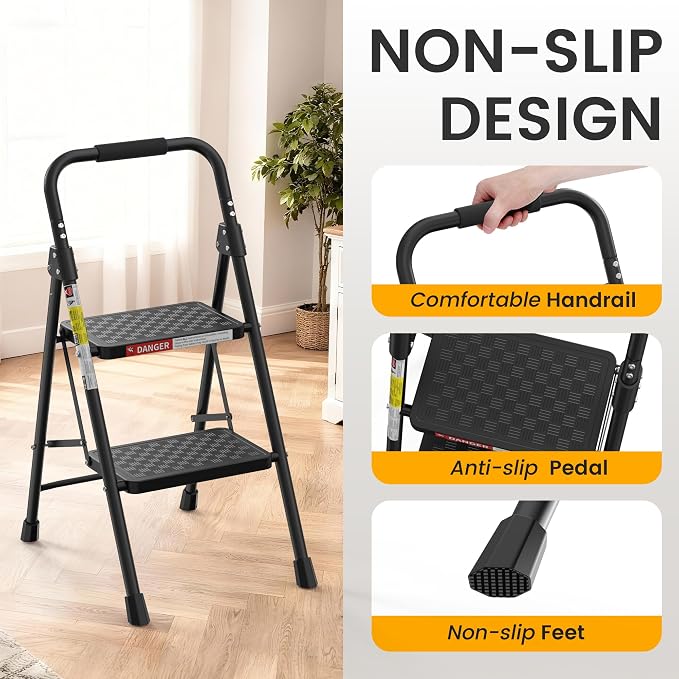 HBTower 2 Step Ladder, Folding Step Stool with Wide Anti-Slip Pedal, Step Stool Foldable with Cushioned Handle for Home and Kitchen, Black