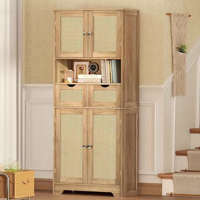 Iwell Tall Storage Cabinet with 2 Drawers & Adjustable Shelves, Rattan Cabinet, Kitchen Storage Cabinet, Pantry Cabinet with 4 Doors, Tall Cabinet for Living Room, Kitchen, Home Office, Natural