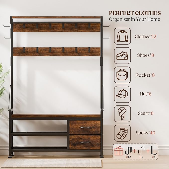 Lulive Hall Tree with Bench and Shoe Storage, 39.4” Entryway Bench with Coat Rack freestanding, 5 in 1 Entryway Furniture Organizer Large Coat and Shoe Rack with 21 Hooks and Drawers, Rustic Brown