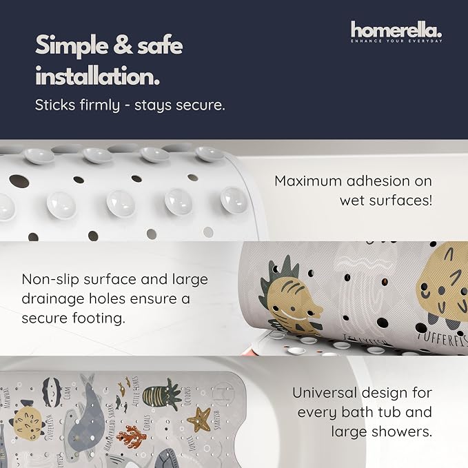 Bath Tub Mat Non Slip Anti Mold for Kids BPA Free INCL Hooks - homerella® Ocean Sea Animals 40x16, Baby Bath Mat Non Slip 200 Suction Cups, Non Toxic Machine Washable Toddler Bath Mat, EU Certified
