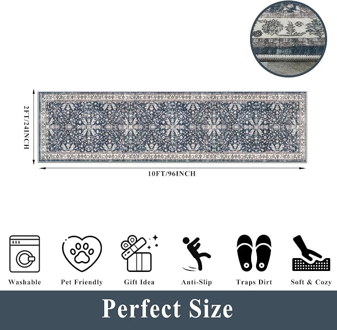 Washable Hallway Runner Rug 2x10: Non Slip Vintage Boho Carpet with Rubber Backing for Kitchen Entryway Hall Holiday Farmhouse Neutral Cream Long Runners (Blue,2'x10')