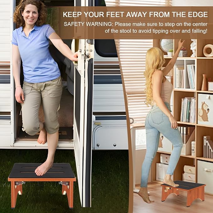 Step Stool Foldable, Wooden Step Stool with Non-Slip Rubber Stepping Feet, Folding Platform Step Stools for Adults Seniors in Kitchen, Home, Bedroom, Office, Rv, Easy to Carry,450 LBS Capacity (Brown)
