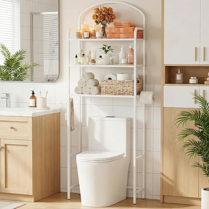 Over The Toilet Storage Rack - 3 Tier Bathroom Organizer with 4 Hooks & Paper Holder - Space Saving Metal Shelf for Bathroom - White Toilet Storage