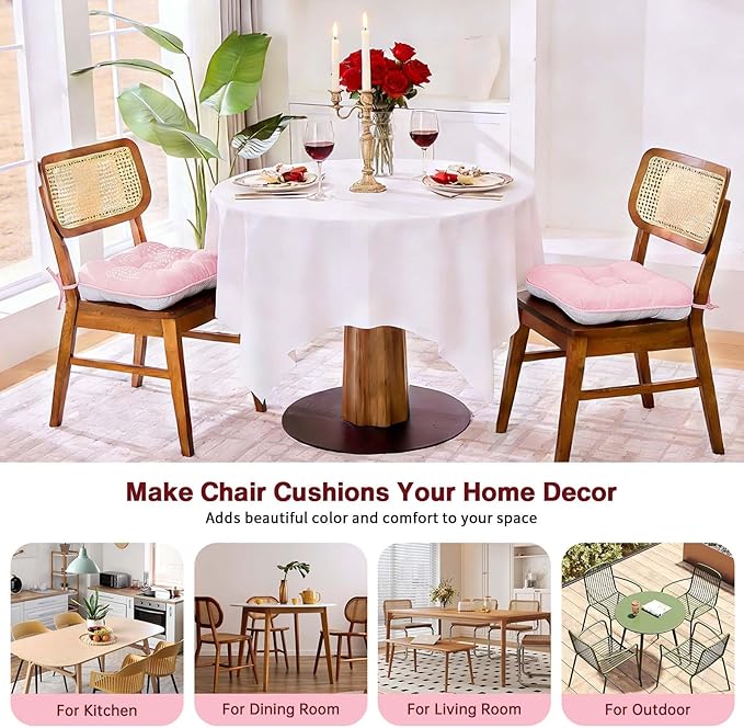 BETU Pink Chair Cushions for Dining Chairs Set of 2,3.5" Thick Kitchen Table Chair Pads with Ties,Non Slip Backing and Covers, Seat Cushion for Dining Room,Bar,Patio Chairs,15.5"X15.5"X3.5",Pink