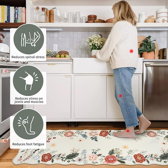 Homcomoda Floral Kitchen Rugs Mats for Floor 3PC, Farmhouse Non Slip Kitchen Rug Runner, Washable Non Skid Kitchen Rugs, Comfort Standing Mat for Laundry, Desk, Bar, Office, Beige