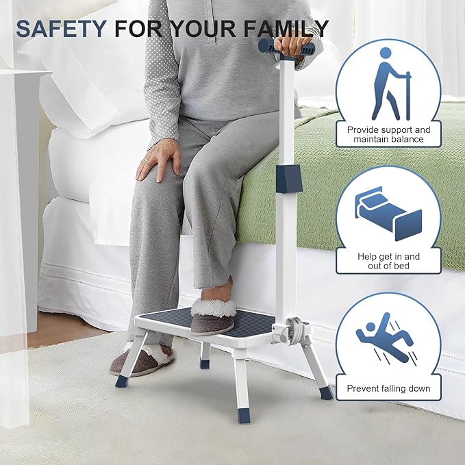 Folding Step Stool, Step Stools with Handle for Elderly Adults, Metal Stepping Stool with Adjustable Handrail in Kitchen, Bathroom, Bedroom, 330 Lbs Capacity