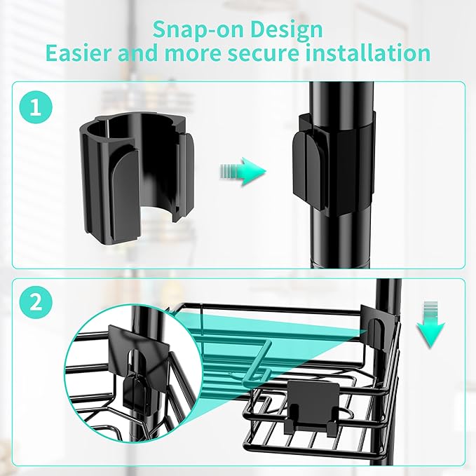 HapiRm Corner Shower Caddy Organizer - Shower Organizer Corner with Soap Holder, Toothbrush Holder and 4 Hooks, Rustproof Bathroom Shelf Tension Pole Available for 27.6 to 108.3 Inch - Black