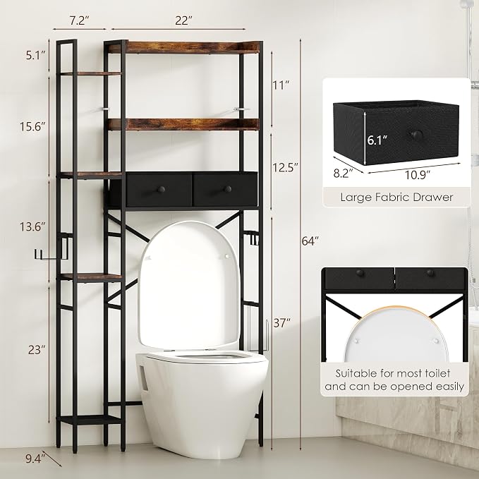 Over The Toilet Storage Shelf with Drawers, 7 Tier Above Toilet Bathroom Organizer Rack with Adjustable Shelves, Space Saver Stand Behind Toilet with Paper Holder & Hooks for Laundry, Brown