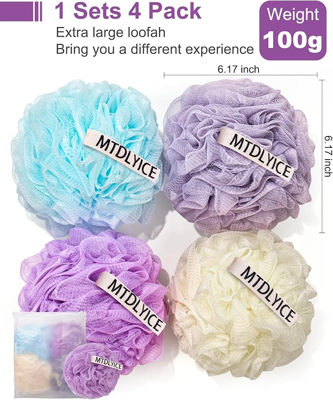 MTDLYICE Loofah Sponge, XXL Large Loofah 100g 4 Pack, Bath Sponge Soft Mesh Shower Loofah for Men, Body Scrub, Shower Pouf Bath Accessories, for Body Wash, Soap (Lavender)