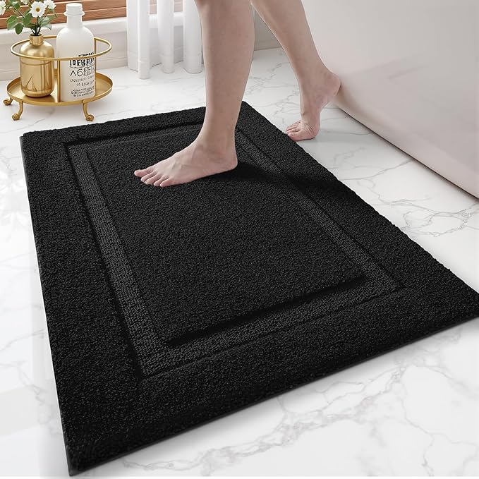 LUMI Ultra Soft Bathroom Rugs Non Slip with Rubber Backing, Absorbent Washable Bath Mat Quick Dry, Upgraded Premium Microfiber Plush Carpet for Bathtub and Shower Floor, Black, 16x24