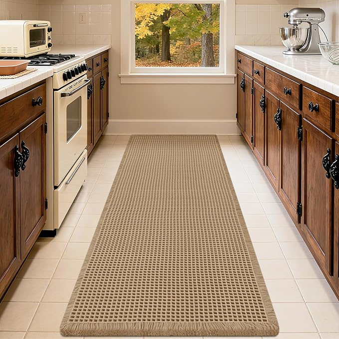 IM HOME Extra Large Waffle Bath Mat, Boho Bathroom Rugs Absorbent Non Slip, Ultra Soft Bathroom Mat, Machine Washable Knit Bath Rugs with Border for Bathroom, Bedroom, Kitchen, Shower, 6'x2', Beige