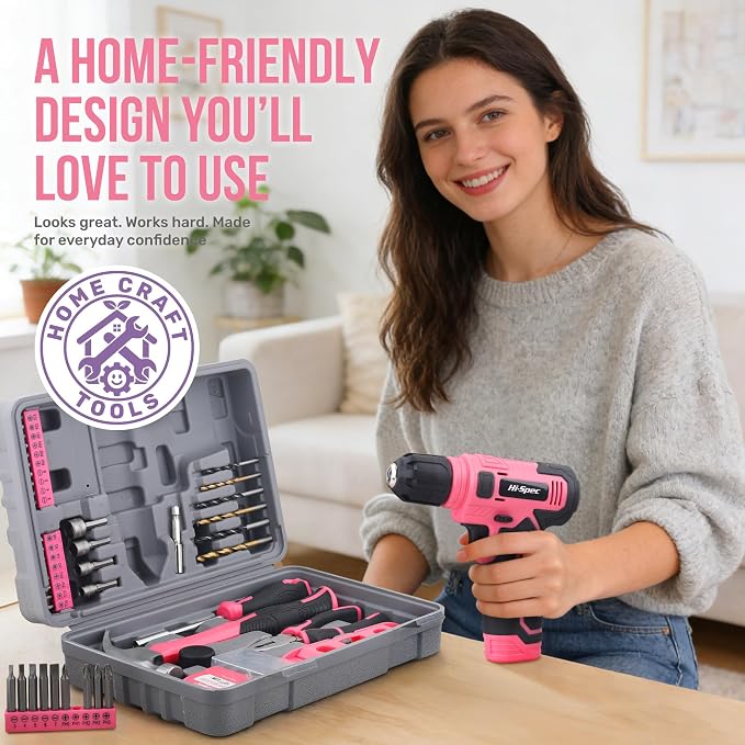 Hi-Spec 8V Cordless Drill Set & Tool Kit for Women – Ladies Complete Rechargeable Electric Power Drill Driver with Starter Tools, Compact Hand Toolbox, Pink, Ideal for Home Projects