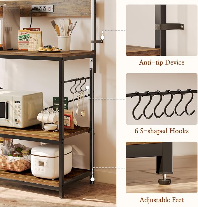 SUPERJARE Bakers Rack with Power Outlets, Microwave Stand, 39.4 X 14.3 Inch Larger Desktop, Kitchen Storage Rack with Adjustable Middle Shelf, 6 S-Shaped Hooks, Coffee Bar Stand, Rustic Brown