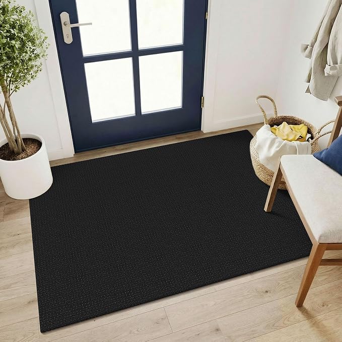 KOZYFLY Black Washable 3x4 Woven Entry Area Rug, Braided Throw Rugs for Entryway, Non Slip Door Mat Indoor Outdoor Entrance, Front Porch Foyer Carpet for Kitchen, mudroom, Bathroom, Black/Dark Grey