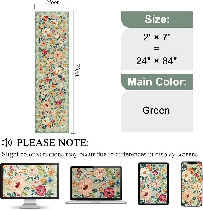 DUKINO Runner Rug, 2x7 Boho Kitchen Rug for Hallways with Low Pile Design, Washable Non Slip Backing Soft Floral Runner for Kitchen, Hallway, Entryway, Bedroom, Laundry, Green