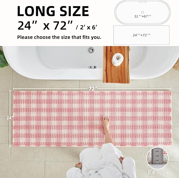 TYUU Waffle Runner Rug Bathroom, Long Boho Bathroom Rugs Non Slip Washable Absorbent Checkered Bathroom Mat Quick Dry Cute Bath Mat, 72"x24" Pink and White