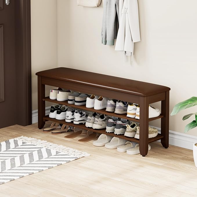 Homleke Shoe Rack Bench with Flip-Top Storage, Solid Wood Entryway Bench with Cushion, Adjustable Shelf, for Hallway, Mudroom, Closet – Walnut, 39.4"
