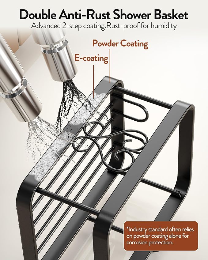 Orimade Adjustable Hanging Shower Caddy for Handheld Shower Heads, Rustproof Bathroom Shelf Organizer Over Showerhead Storage Rack with 8 Hooks, Easy-Clean Removable Baskets & Triple Anti-Slip Fixing