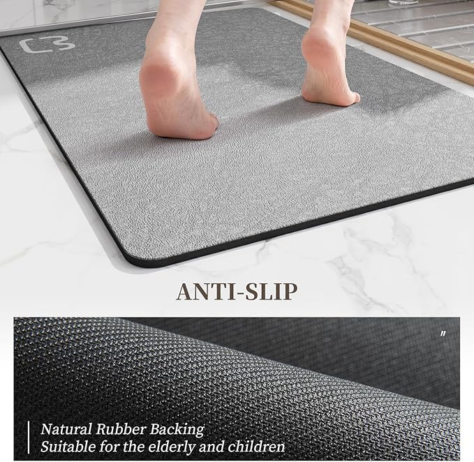 RUERYA Grey Bath Mat 17" x 59" Extra Long Bathroom Mat Large Fast Dry Super Absorbent Non-Slip Rubber Backed Shower Mat Bath Rugs Mats for Bathroom Floor, Tub, Shower, Sink, Gray