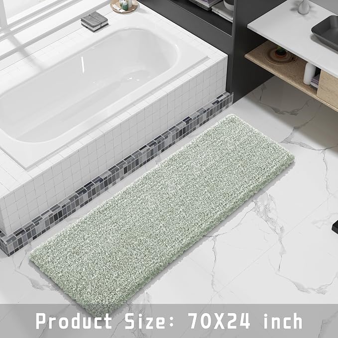 Yimobra Luxury Bathroom Rugs, Fluffy Bath Mats, Non Slip, Water Absorbent Microfiber, Machine Washable, Plush Runner Shower Rugs, Thick Matts for Bathroom Floor&Tub, 70" X 24", Light Green and White