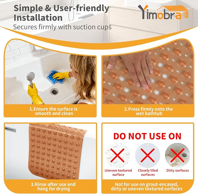Yimobra Non Slip Bathtub Mat 40 x 16 Inch, Extra Long Shower Mat with Drain Holes, Machine Washable Baby Bath Mats, Strong Suction Cups for Bathroom Floor, Clear Brown