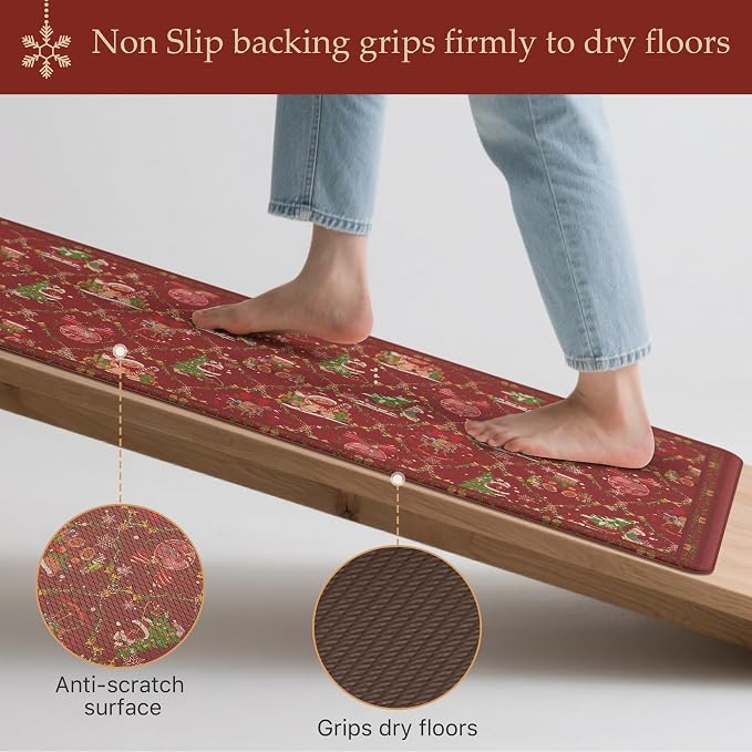 GENIMO Christmas Decorations - Kitchen Mats for Floor, Christmas Kitchen Rugs, Cushioned Anti Fatigue Mat for Home Decor, Waterproof Non Slip Standing Mat for Laundry, 23.6"x71", Red