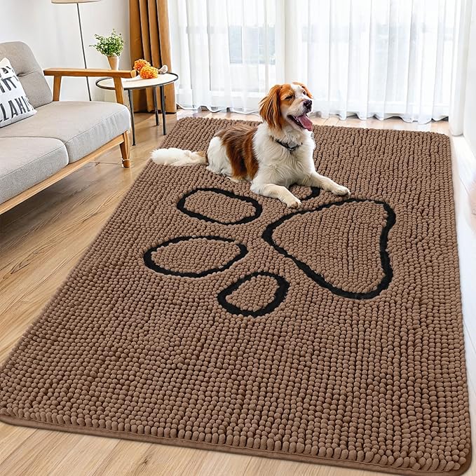 Smiry Dog Door Mat for Muddy Paws, Absorbent Dirt Trapper Non Slip Quick Dry Washable Chenille Mat for Mud Dogs, Entry Rug for Indoor and Outdoor (71x46 Inches, Coffee and Black)