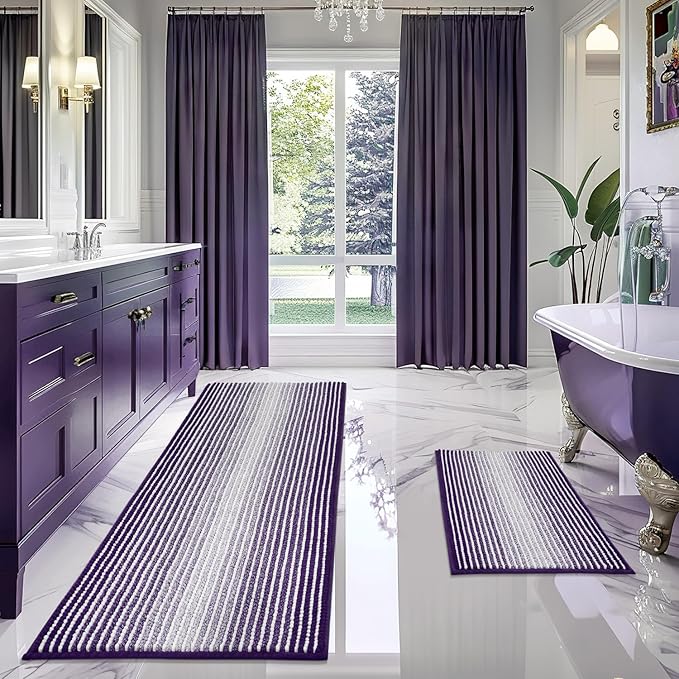 BSICPRO Bathroom Rugs and Mats Sets, 2 Piece Thick Absorbent Chenille Bath Mat Rug Set Non Slip, Soft Shaggy Bath Room Floor Mats for Bathroom, Machine Washable (Mauve Wine, 20" x 60" Plus 20" x 32")