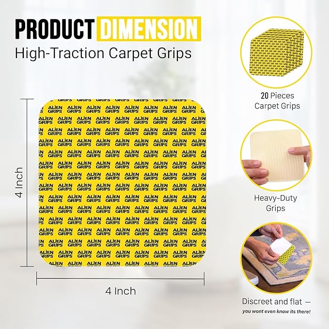 Alien Grip Rug Gripper Carpet Tape - 20pcs, 4x4 in. Anti-Slip Hardwood, Tile Floor, No Damage - Double Sided Reusable, Non Slip Corner Rug Pads - As Seen on TV