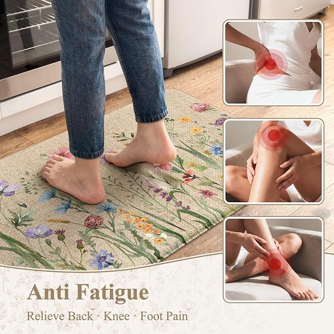 KIMODE Anti Fatigue Kitchen Mat, 17"x47"+17"x29" Floral Kitchen Rugs Sets of 2, Farmhouse Kitchen Floor Mats Non-Slip Cushioned, Comfort Standing Desk Mat for Sink, Laundry,Home Brown
