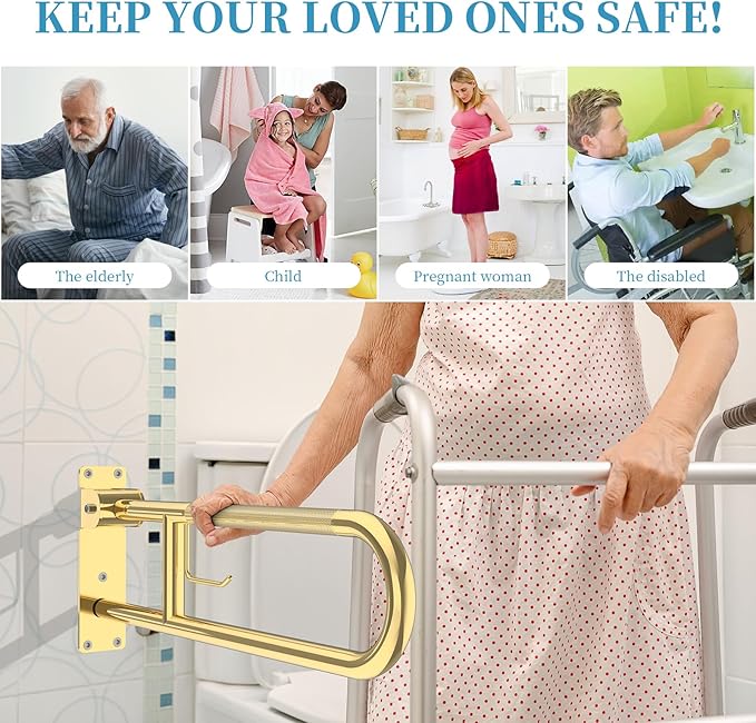 Toilet Grab Bar 32 Inch Gold, Munzong Anti-Slip Handicap Grab Bars with Paper Holder, Flip-Up Bathroom Safety Rails, Stainless Steel Knurled Support handrails for Seniors Elderly Disabled Pregnant