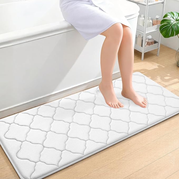 OLANLY Memory Foam Bath Mat Rug 47x20, Ultra Soft and Absorbent Bathroom Rugs, Non-Slip, Comfortable, Machine Washable Bath Carpet for Bathroom Floor, Tub, Shower and Home Decor Accessories, White