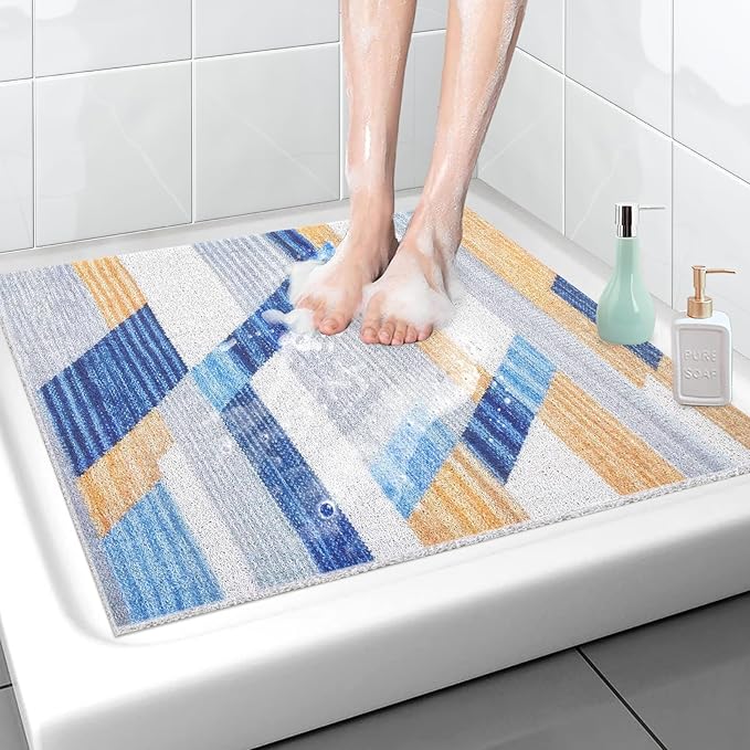 Square Shower Mat Non Slip, 24x24 Inch Loofah Shower Mats for Inside Shower Stall, Soft PVC Anti Slip Shower Mats for Stand Up Showers, Easy to Clean and Dry, Machine Washable
