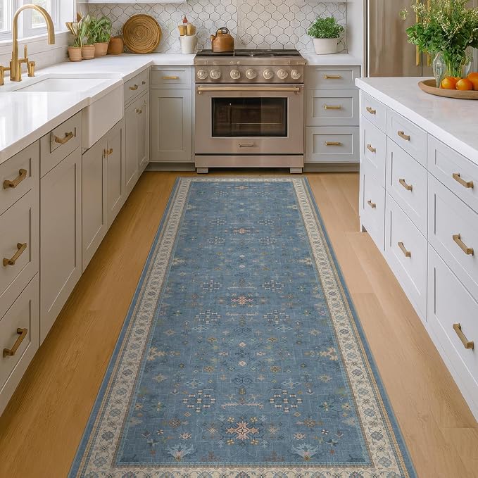 Blue Boho 2'6''x8' Wide Hallway Runner Rug - Washable Kitchen Sink Rug, Non Slip 8ft Long Runner Rug for Entryway, Colorful Modern Floral Print Home Décor