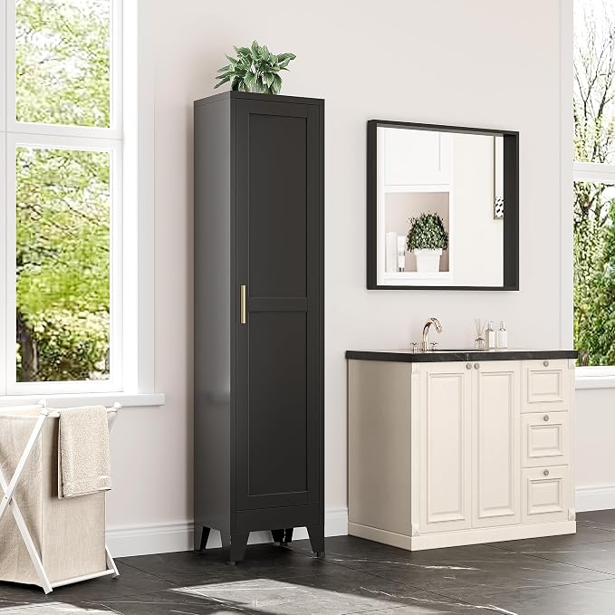 Bevivog Tall Narrow Storage Cabinet, 67" Single Door Metal Storage Locker Cabinet, Freestanding Tall Kitchen Pantry Cabinets for Small Space