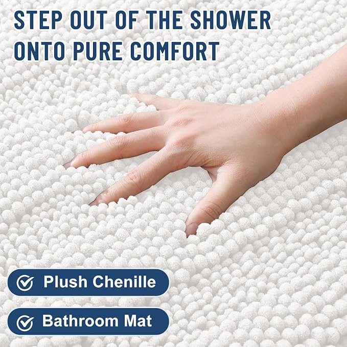 Grandaily Chenille Striped Bathroom Rugs 24x16, Extra Thick and Absorbent Bath Mats, Non-Slip Soft Plush Shaggy Shower Carpet, Machine Wash Dry, Bath Rug for Bathroom, (Small, Cream)