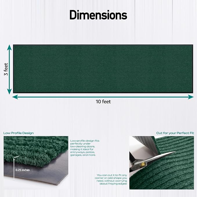 Durable Rubber Door Mat - Heavy Duty, Indoor/Outdoor, Easy Clean, Waterproof, Low-Profile Mat for Entry, Patio, Garage - Stylish (Green, 10' x 3' (Mud Trapper))