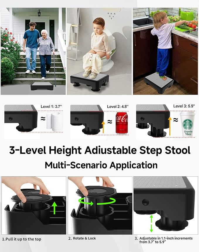 Adjustable Step Stool for Adults, Toddler Step Stools, 660 LBS Capacity Non-Slip Safety Step Platform for Elderly, Portable Stair Assist for Cars, Bedside, Kitchen, and Shower, Black