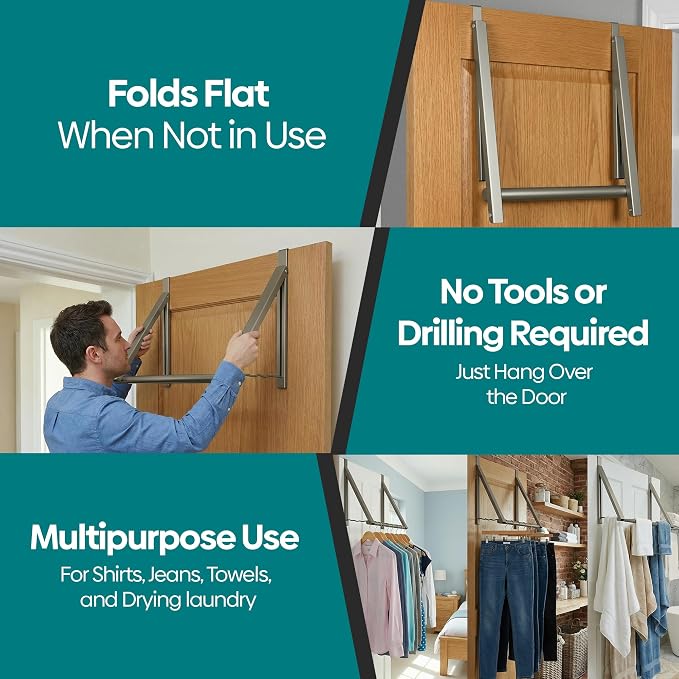 HOLDN’ STORAGE Over The Door Hanger - Foldable Rack Organizer for Hanging Clothes, Coats & Towels, Ideal for Dorm Rooms, Laundry, Bathrooms, Etc - Holds up to 35 LBs, Collapsible - Satin Nickel