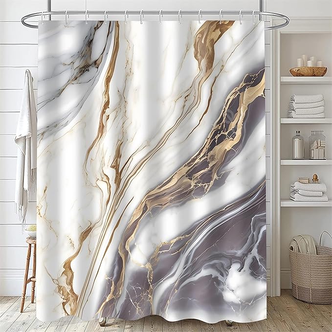 Nkzply 4 Pcs White Marble Shower Curtain Set Grey Bathroom Sets with Shower Curtain and Rugs Gold Modern Abstract Bathroom Decor Accessories Gray Bathroom Rugs Toilet Lid Cover with Hooks