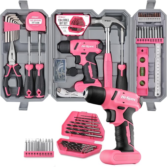 Hi-Spec 58pc Pink 8V USB Electric Power Cordless Drill Driver and Womens Ladies Home DIY Tool Kit Set. Screwdrivers, Drill Bit Set Accessories, Pliers and Hammer In a Toolbox Case