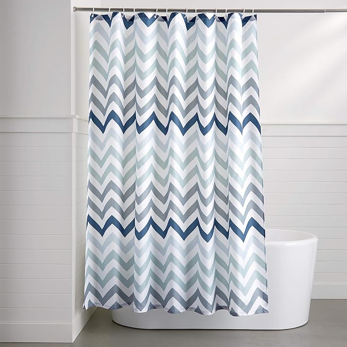 Amazon Basics Bathroom Shower Curtain, Water Resistant Fabric with Weighted Hem, Grommets & Hooks, Machine Washable, 72"x72", Blue Ombre Chevron