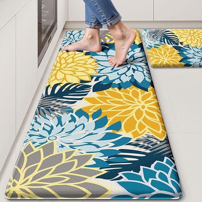 Arenarug Kitchen Mats for Floor 2PCS Cushioned Anti Fatigue Kitchen Mats Waterproof Non Slip Kitchen Rug Set Foam Standing Mat for Sink, Laundry, Office, 17.3" x 28" + 17.3" x 59", Yellow Teal