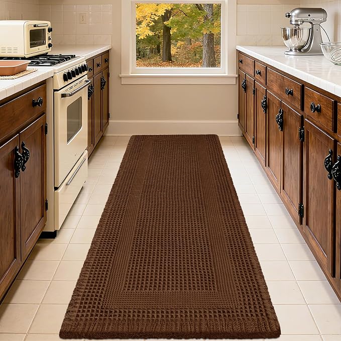 Waffle Bath Mat, Boho Woven Modern Bath Rug Absorbent Non Slip, Ultra Soft Bathroom Mats, Machine Washable Knit Bath Rugs with Tassels for Bathroom, Bedroom, Kitchen, Shower, Tub, 32"x20", Brown