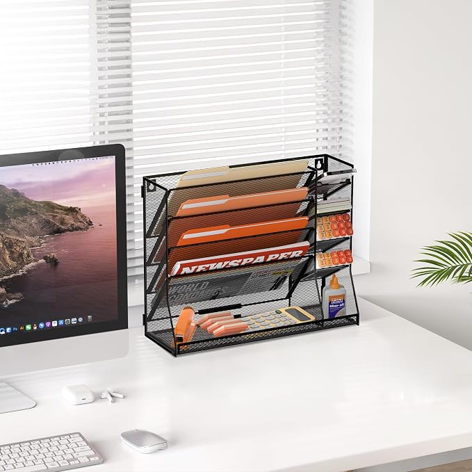 SUPEASY Wall File Organizer, 5-Tier office wall organizer with 4 Pen Holders, Wall Organizer for Office with R-shaped Bottom Tray, Metal Desk Organizer for Office, School, Home, Black