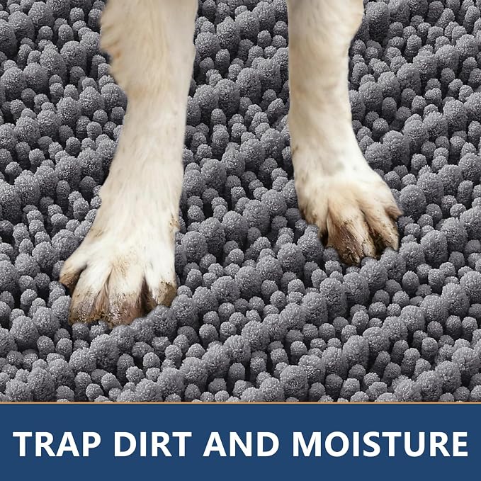 Smiry Dog Door Mat for Muddy Paws 32x21, Absorbent Dirt Trapper, Non-Slip Washable Chenille Entryway Rug for Inside Floor, Dark Grey, Layered Pattern