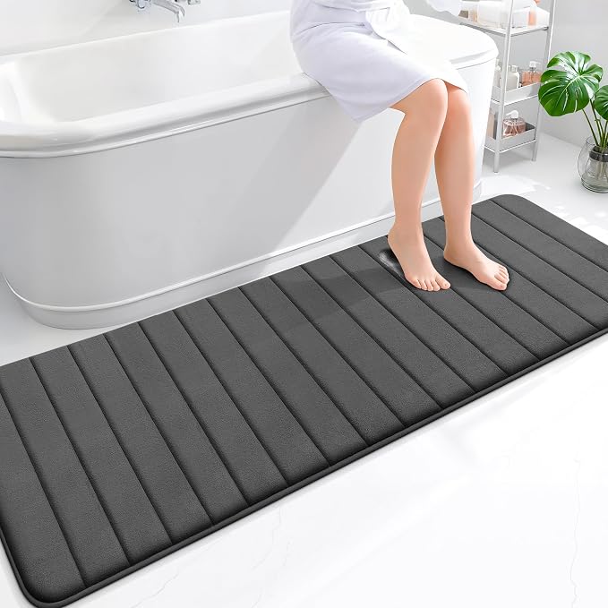 OLANLY Memory Foam Long Bathroom Rugs Runner 70x24, Super Soft Absorbent Bath Mat, Quick Dry, Machine Washable Shower Floor Rugs, Bathmat Carpet, Bathroom Home Decor Accessories, Black