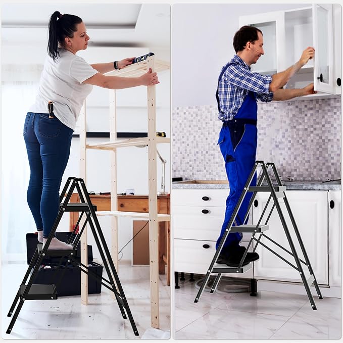 DIAMONDFORGE 3 Step Ladder, Folding Step Stool with Anti-Slip Wide Pedal, Anti-Slip Feet, Sturdiest Steel Construction, Steel Ladder for Home and Office, Black