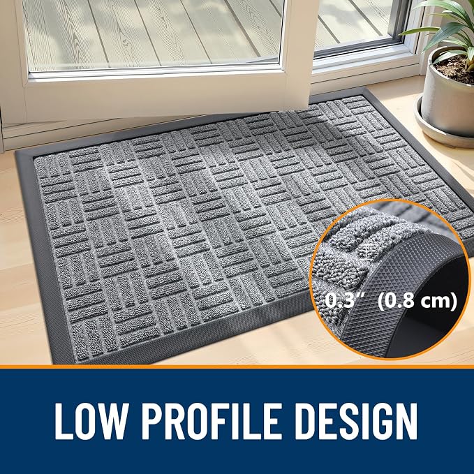 OLANLY Front Door Mat Outside Entrance 29.5x17, Absorbent, Heavy Duty Natural Rubber Doormat Indoor Outdoor, Non-Slip, Stain and Fade Resistant, Low Profile Floor Mat for Entryway, Charcoal Gray