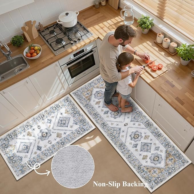 HEBE Boho Kitchen Rug Sets 3 Piece with Runner Non Slip Kitchen Rugs and Mats Washable Kitchen Mats for Floor Thick Kitchen Floor Mat Carpet Runner Rugs for Hallway Laundry Holiday Decor